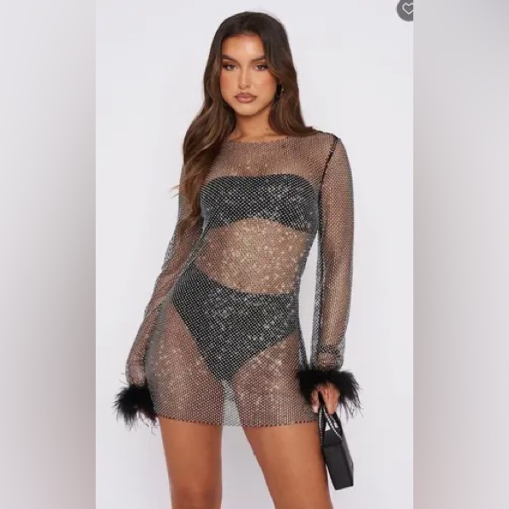 Black Sheer Mesh Dress with Feather Cuffs
